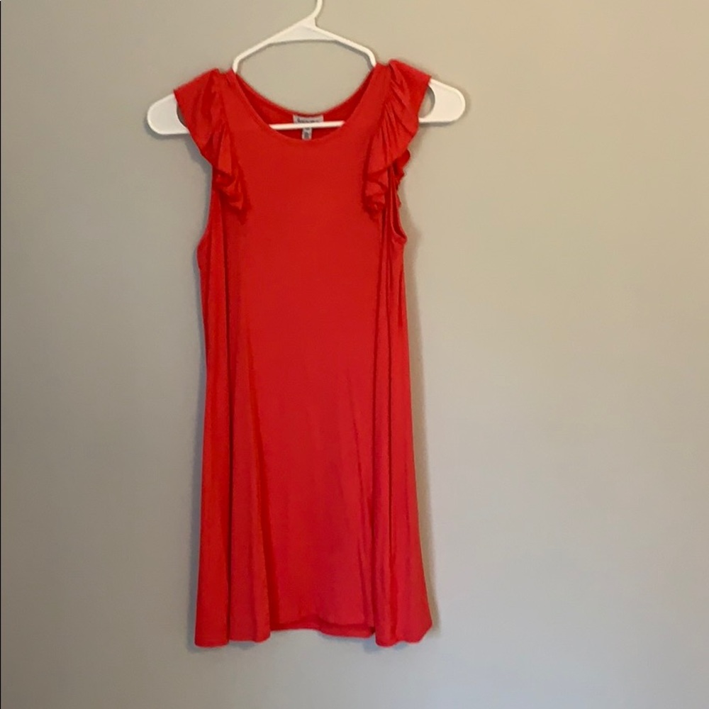 Girls pink flowy dress with ruffled shoulders